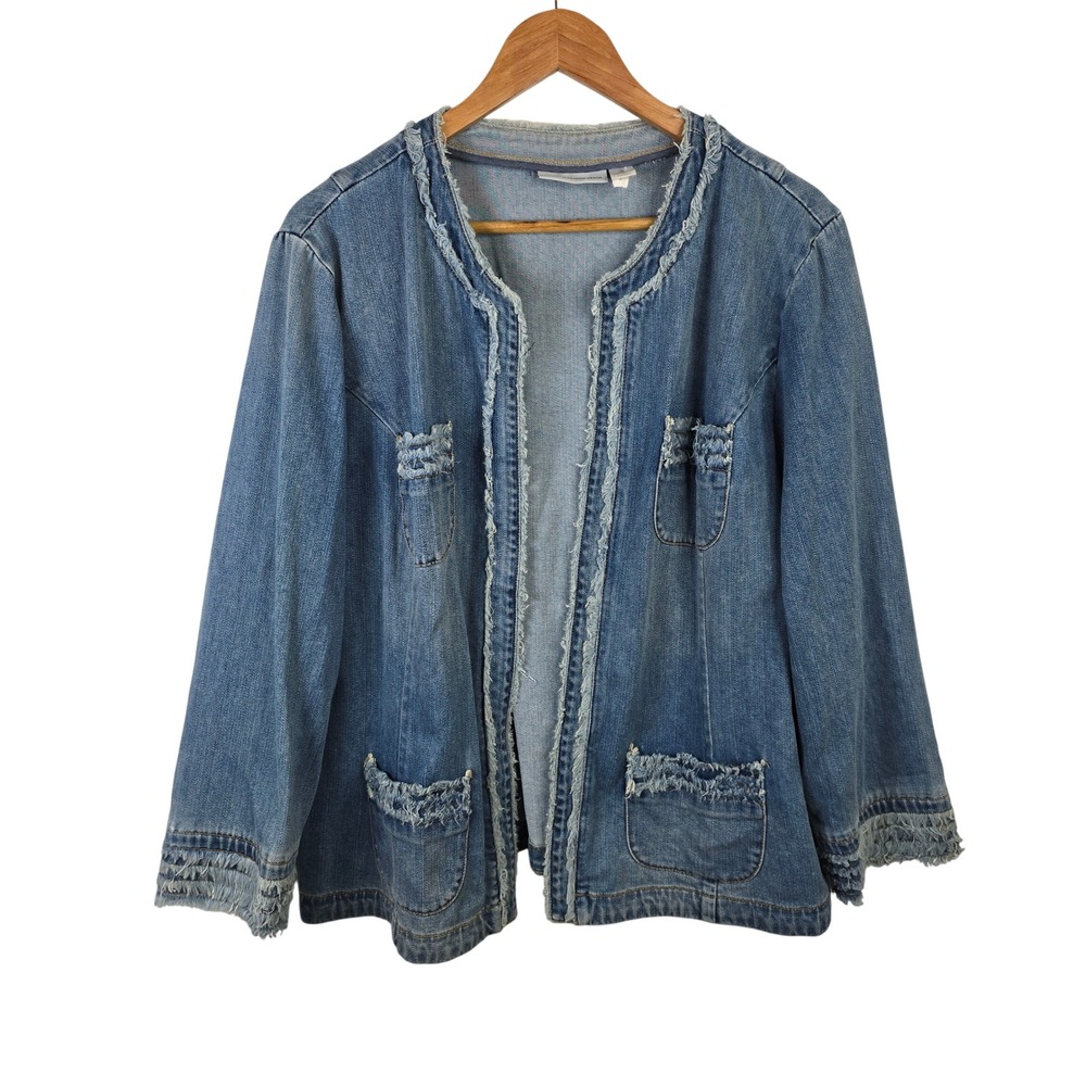 Chico's Platinum Denim Blue Frayed Trim Open Front Jacket Size 3 XL